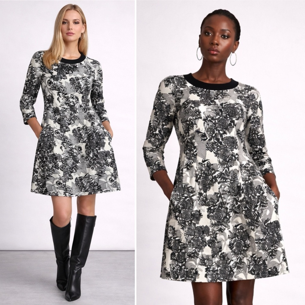 McGinn Black White Floral Jacquard Dress Fit Flare Mini Long Sleeve Size 4